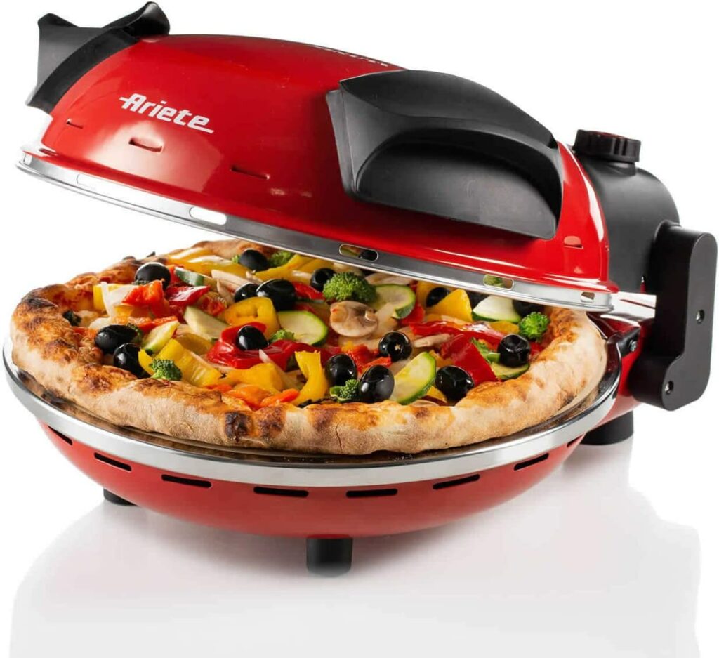 Ariete 909 Four à Pizza, 400 Degrés, Cuit une Pizza en 4 minutes, Plaque en Pierre Réfractaire de 33 cm de Diamètre, Minuterie 30 minutes, 1200 watts, Rouge